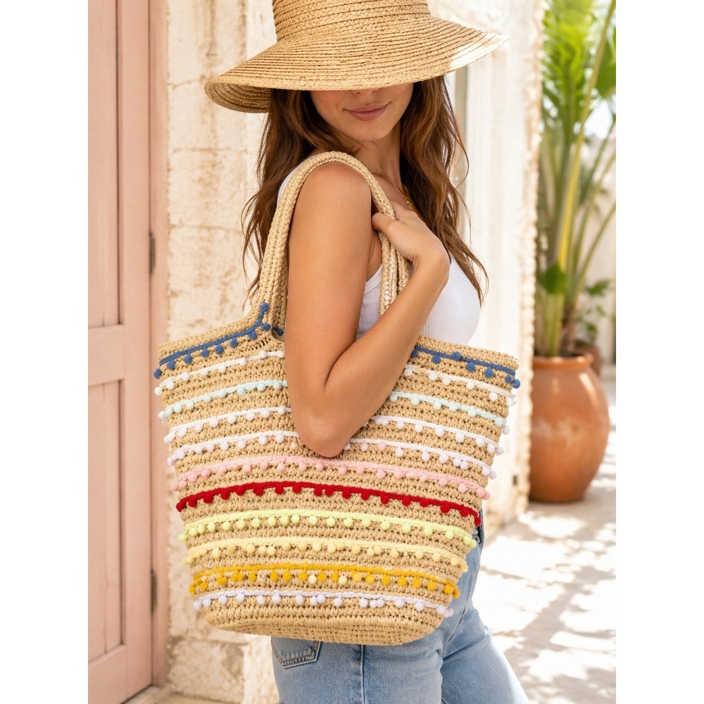 Bay Sky Rainbow Pom Pom Straw Tote Beach Bag Boho Summer Woven‎ Handbag
